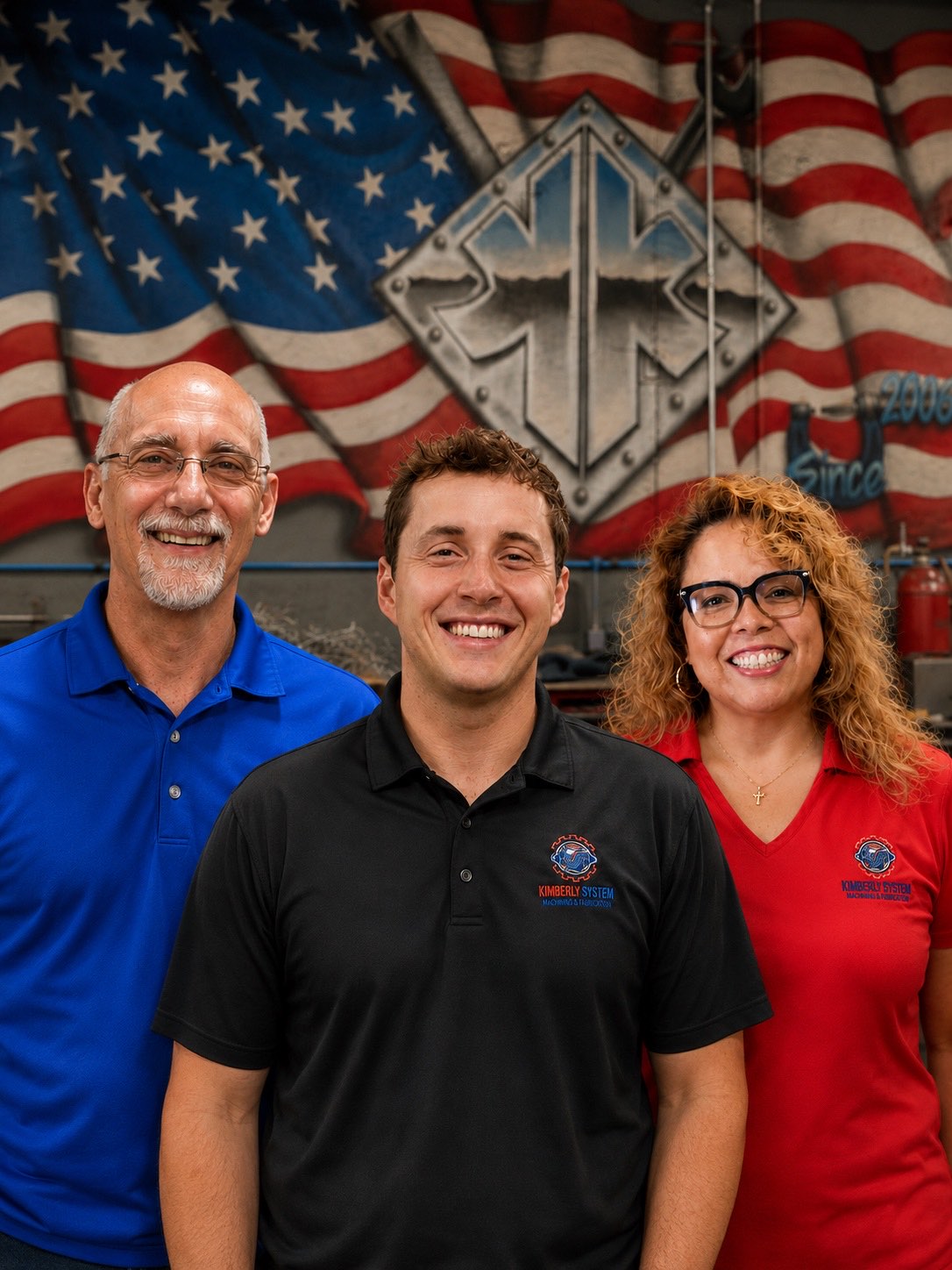 Three Kimbrell Manufacturing Corporation team members standing together in front of the shop's American flag mural