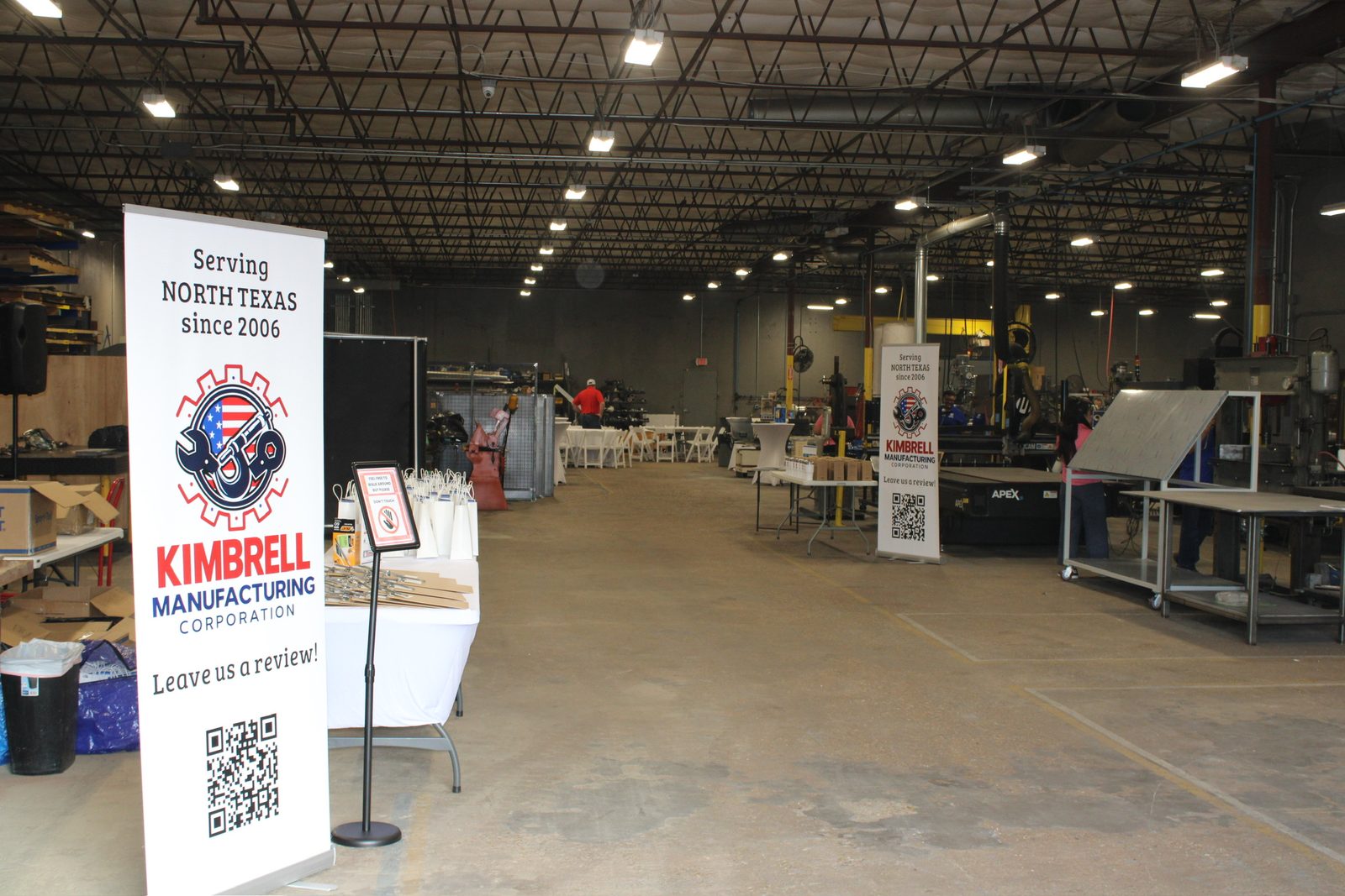 Kimbrell Manufacturing welcome banner standing in the open shop