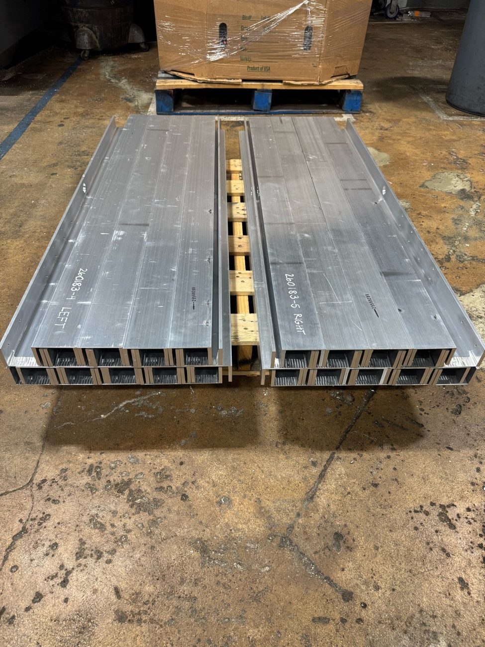 Aluminum stock staged for fabrication at Kimbrell Manufacturing Corporation