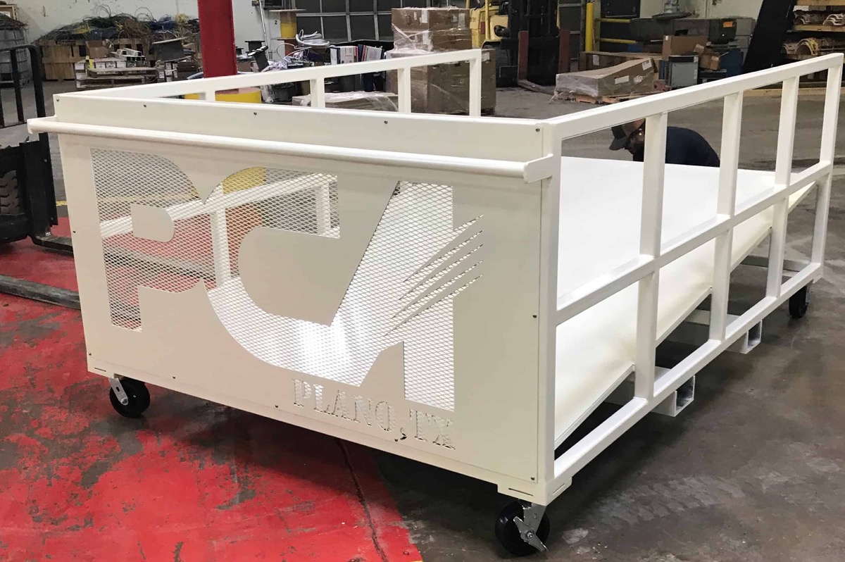 Custom fabricated mesh scrap cart with laser-cut panel branding
